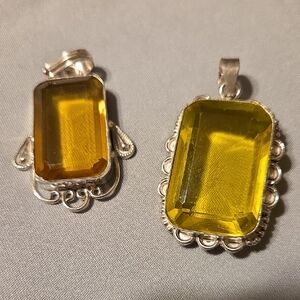 Yellow Glass Stone Silver-Frame Pendant Necklace